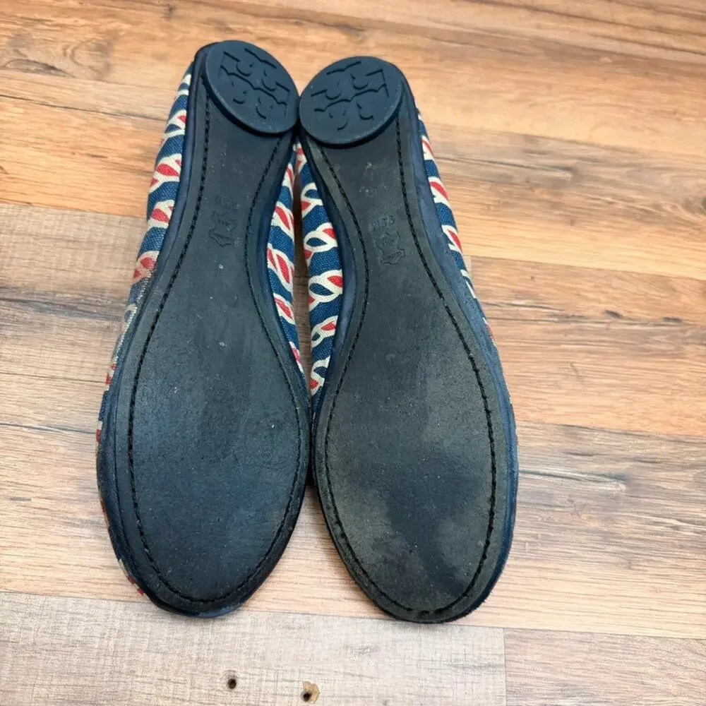Tory Burch size 9.5 Blue & Red Striped Leather Flats
